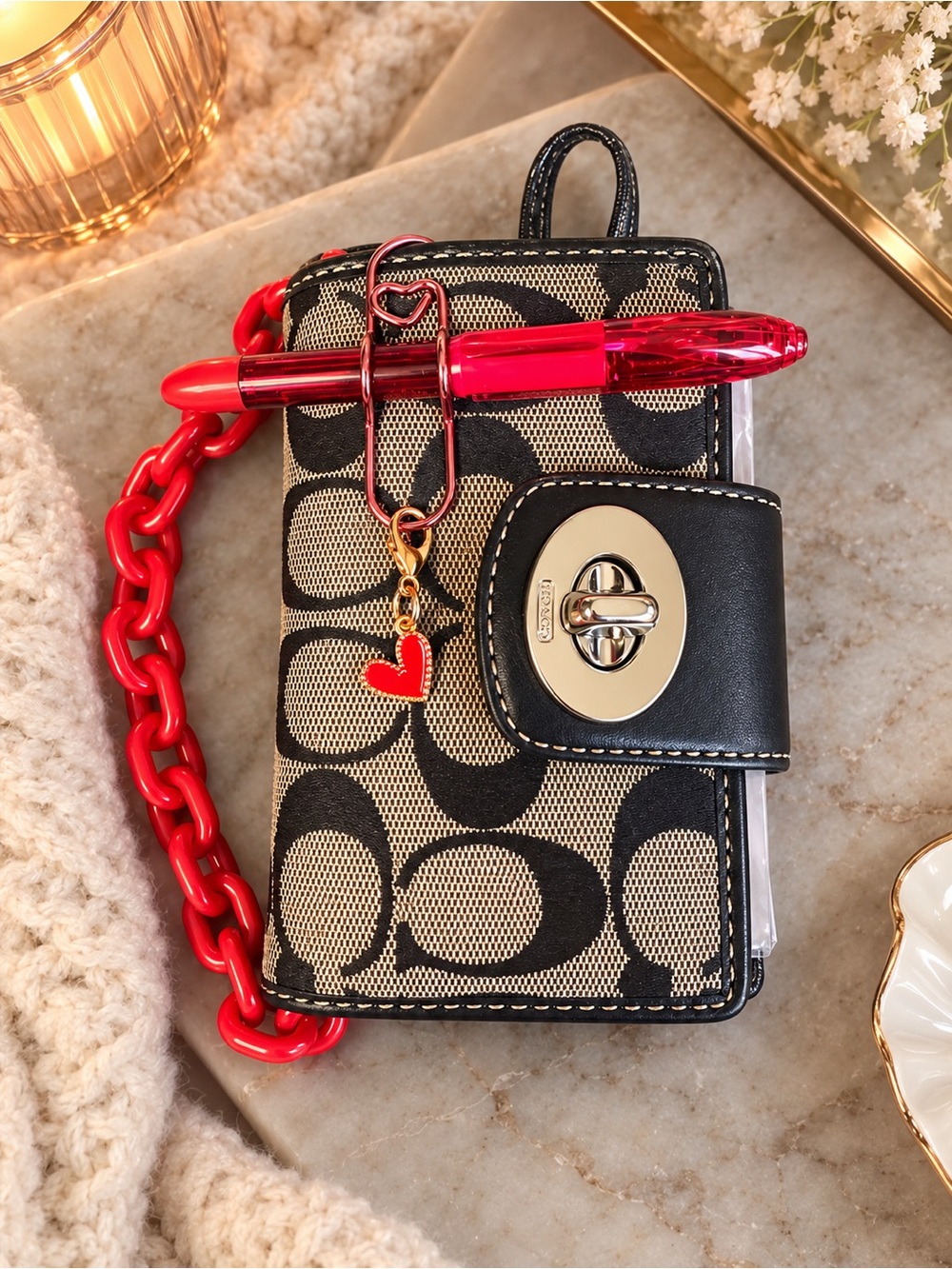 Coach Black & Tan Signature Phone Crossbody Wallet with Red Chain and Charm